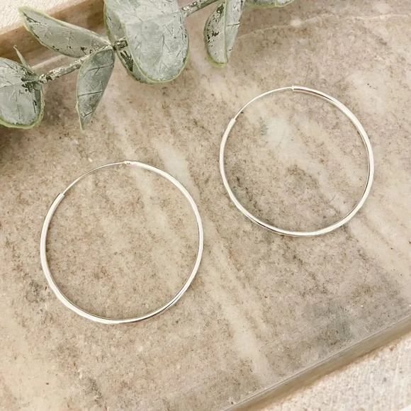 925 Sterling Silver Hoop Earrings Large Silver Hoops Diamond Cut Earrings - Picture 3 of 8